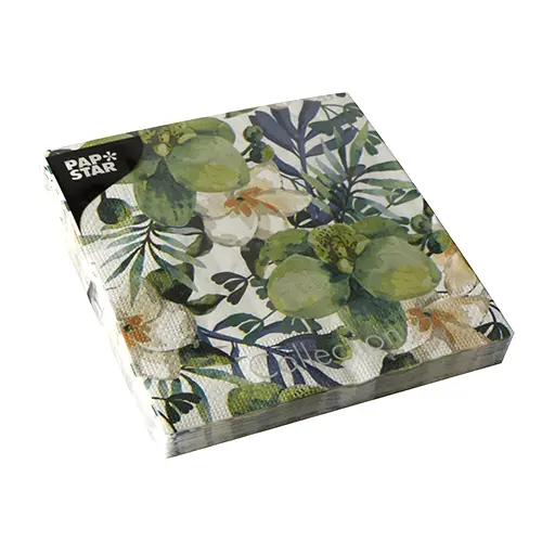PAPSTAR Servietten, 3-lagig 1/4-Falz 33 x 33 cm "Tropic" mit grünem tropischen Blumen- und Blätter-Motiv, Karton mit 200 Stück für Partys und Events