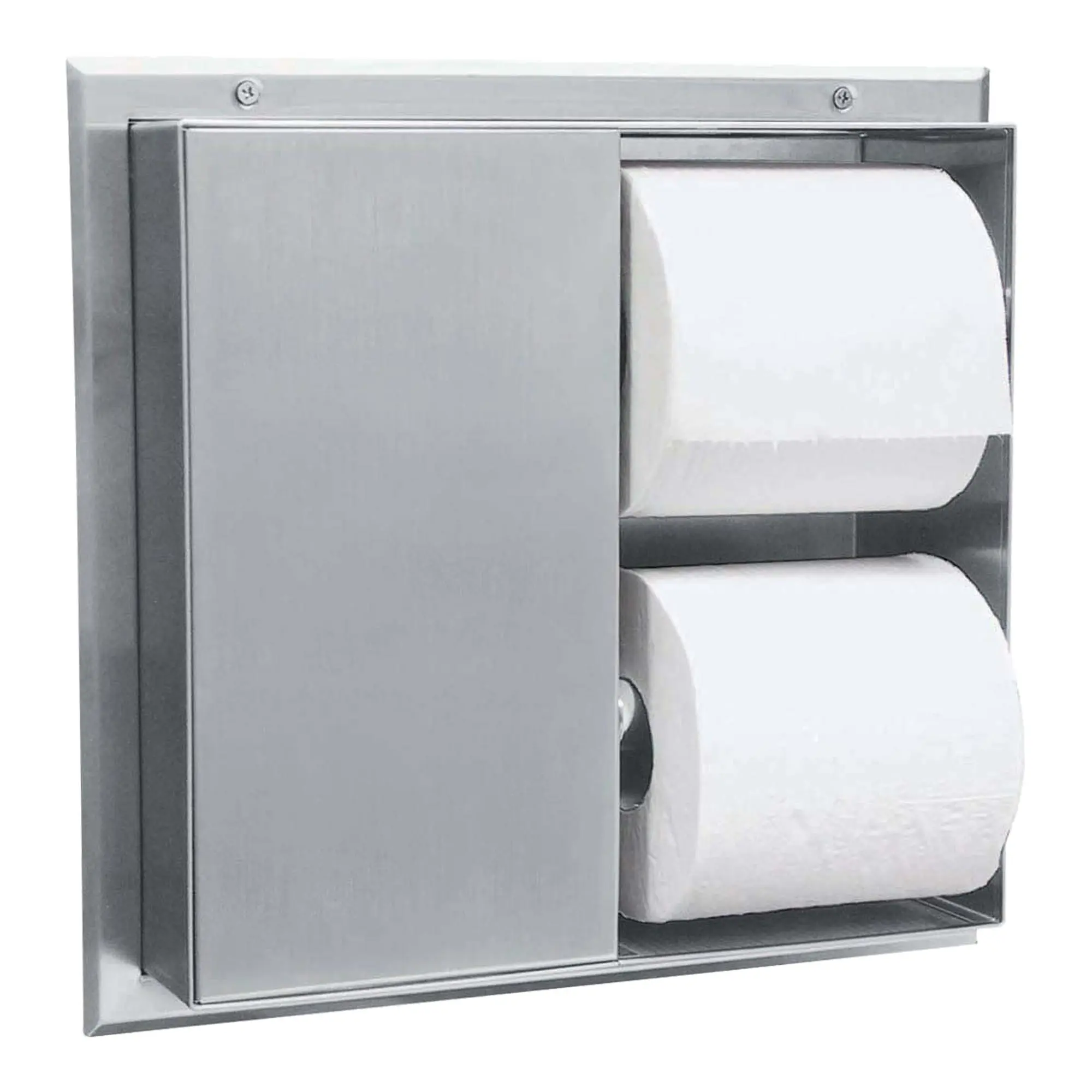 Bobrick B-386 WC-Papierrollenhalter für 2 x 2 Kleinrollen aus Edelstahl zur beidseitigen Trennwandmontage für zwei WC-Kabinen, Artikelnummer B-386