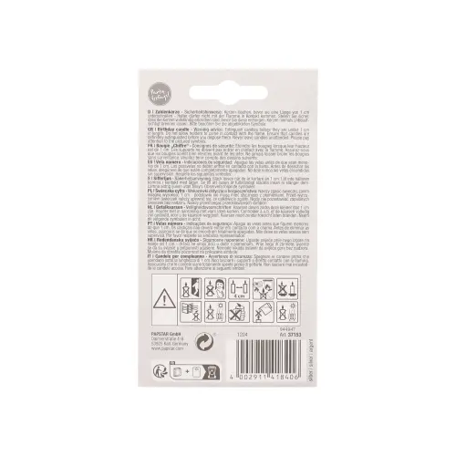 PAPSTAR Zahlenkerze mit Halter 7 cm silber "0", Rückseite der Verpackung mit Sicherheitshinweisen, Piktogrammen und Barcode, Artikel 37153