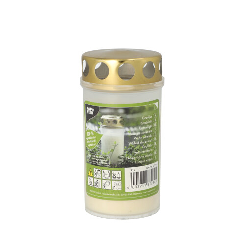 PAPSTAR Öl-Licht T3, 100 % Pflanzenfett Ø 6,5 cm, 12,5 cm weiß transparente Hülle, mit Golddeckel