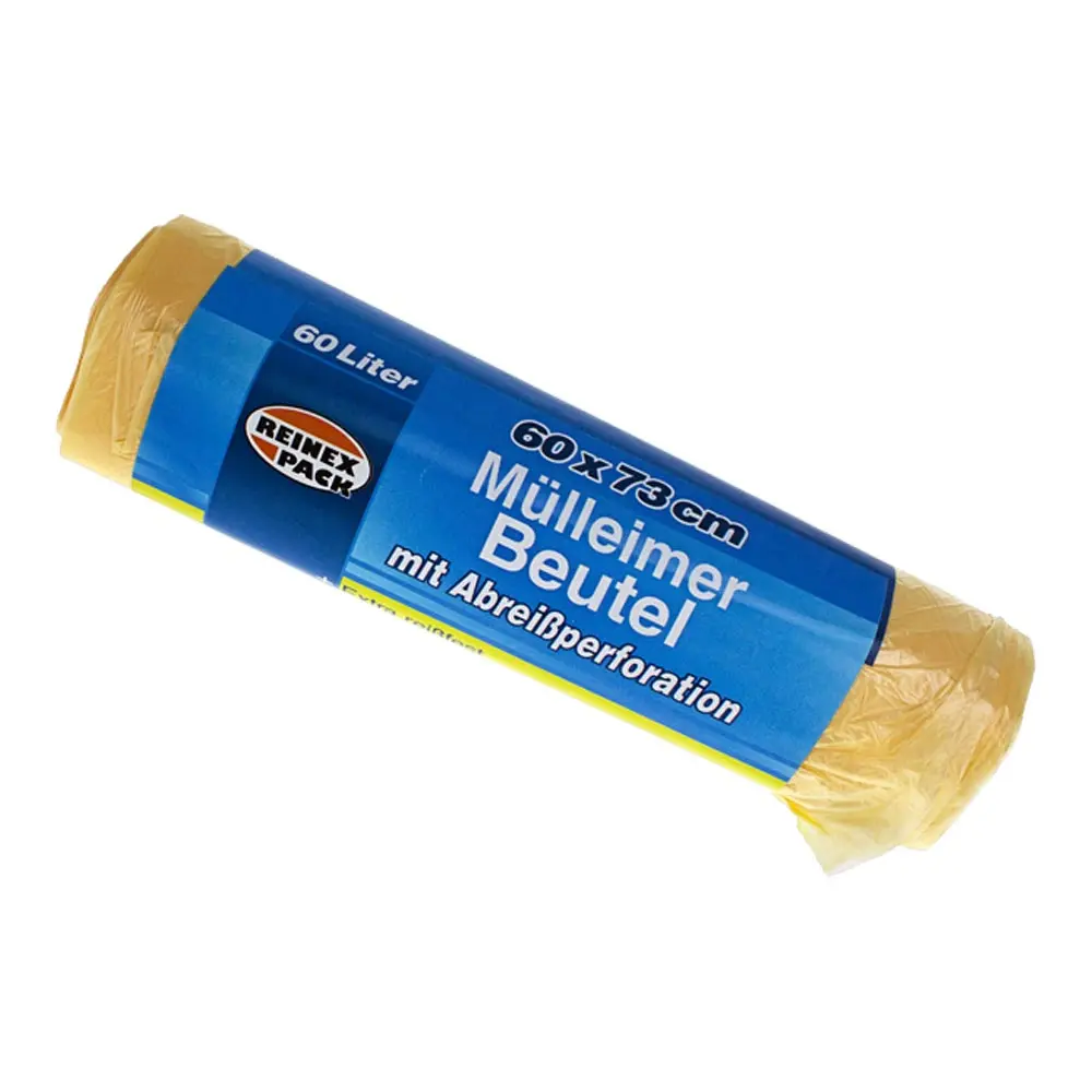 Reinex Pack Mülleimer Beutel extra reißfest 60 Liter, gelb, 7 my – Rolle HDPE-Müllsäcke 60 x 73 cm mit Abreißperforation für große Abfalleimer