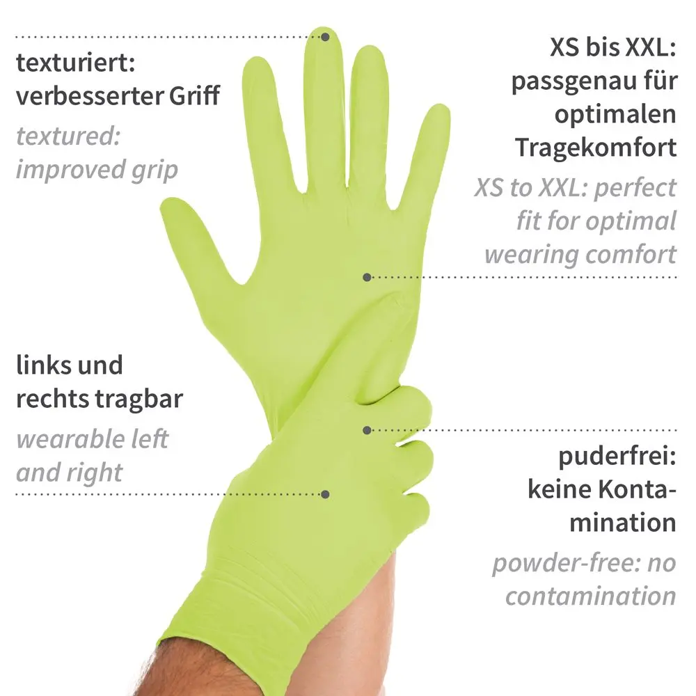 Hygostar Safe Light Nitrilhandschuhe grün puderfrei, latexfreie Untersuchungshandschuhe, texturiert für besseren Griff, beidseitig tragbar, Größen XS bis XXL, VE 1000 Stück