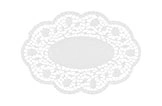 Papier-Spitzendeckchen oval in Weiß mit dekorativem Rand, ideal für Tortenteller, Platten und Tischdekoration, Artikelnummer