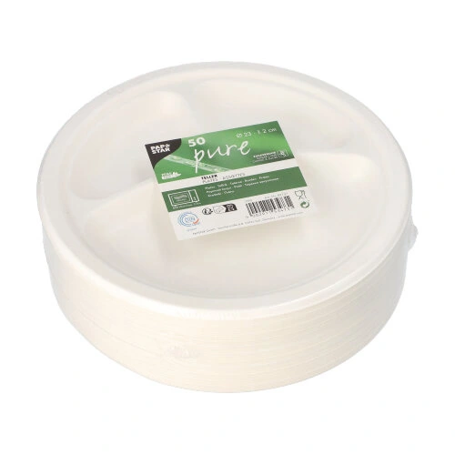 PAPSTAR Teller, Zuckerrohr "pure" 3-geteilt Ø 23 cm, 2 cm weiß, 10 x 50 Stück