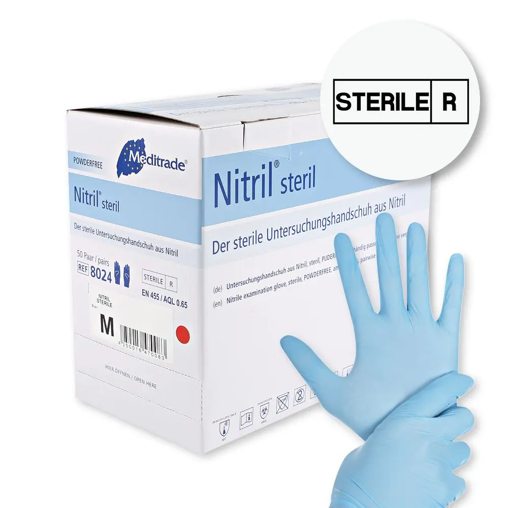 Meditrade Nitril steril Untersuchungshandschuhe blau puderfrei, VE 200 Paar, sterile Nitrilhandschuhe für medizinische Untersuchungen und Laborarbeiten, REF 8024