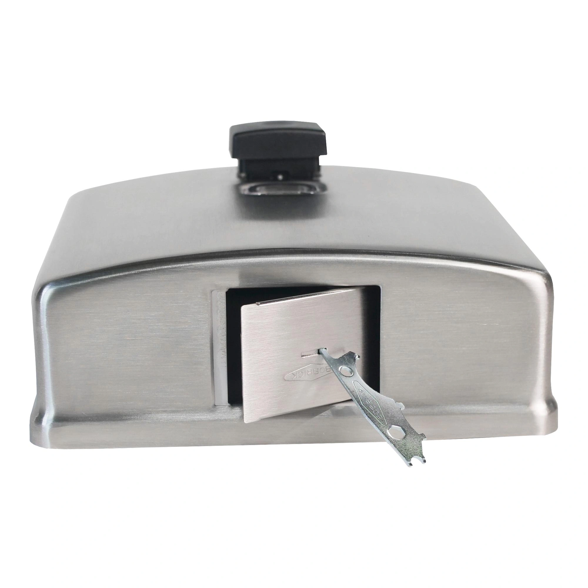 Bobrick B-4112 Contura Seifenspender 1200 ml aus Edelstahl, Vorderansicht mit geöffnetem Schloss und Schlüssel für vandalismussichere Seifenaufbewahrung, Art.-Nr. B-4112