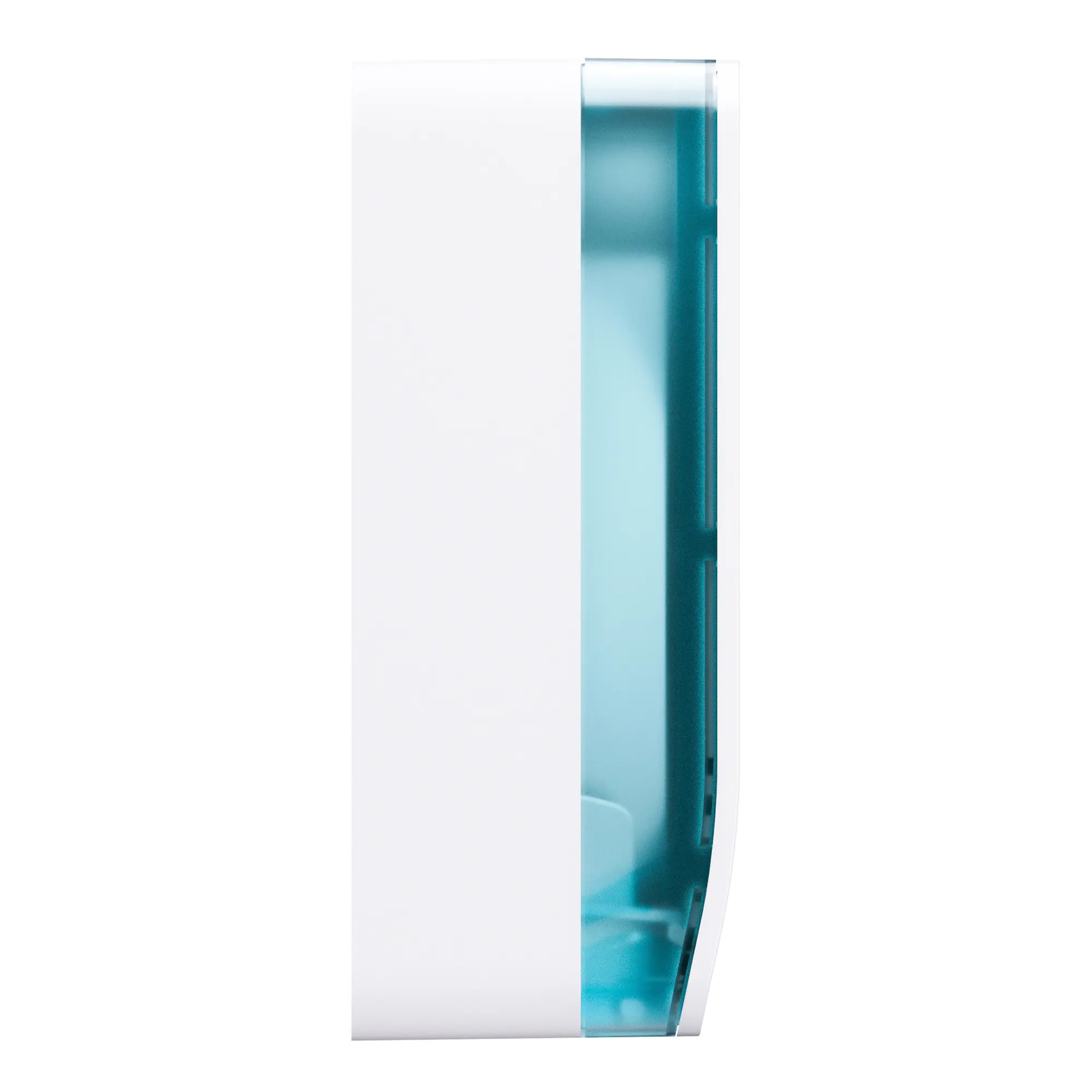 Satino by Wepa HYGINITY Toilettenpapierspender Midi-Jumbo L JT2, seitliche Ansicht des weißen Spenders mit türkisfarbener Frontabdeckung für JT2-Midi-Jumbo-Rollen