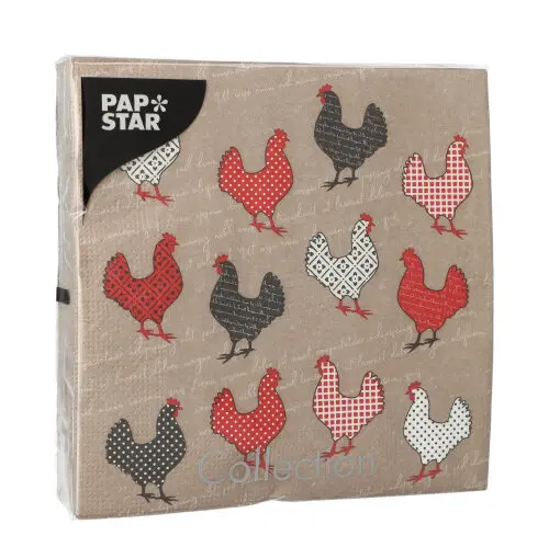 PAPSTAR Servietten, 3-lagig 1/4-Falz 33 cm x 33 cm Cocotte, braune Tissue-Servietten mit rot-schwarzem Hühner-Dekor, FSC-zertifiziert, 200 Stück im Displaykarton