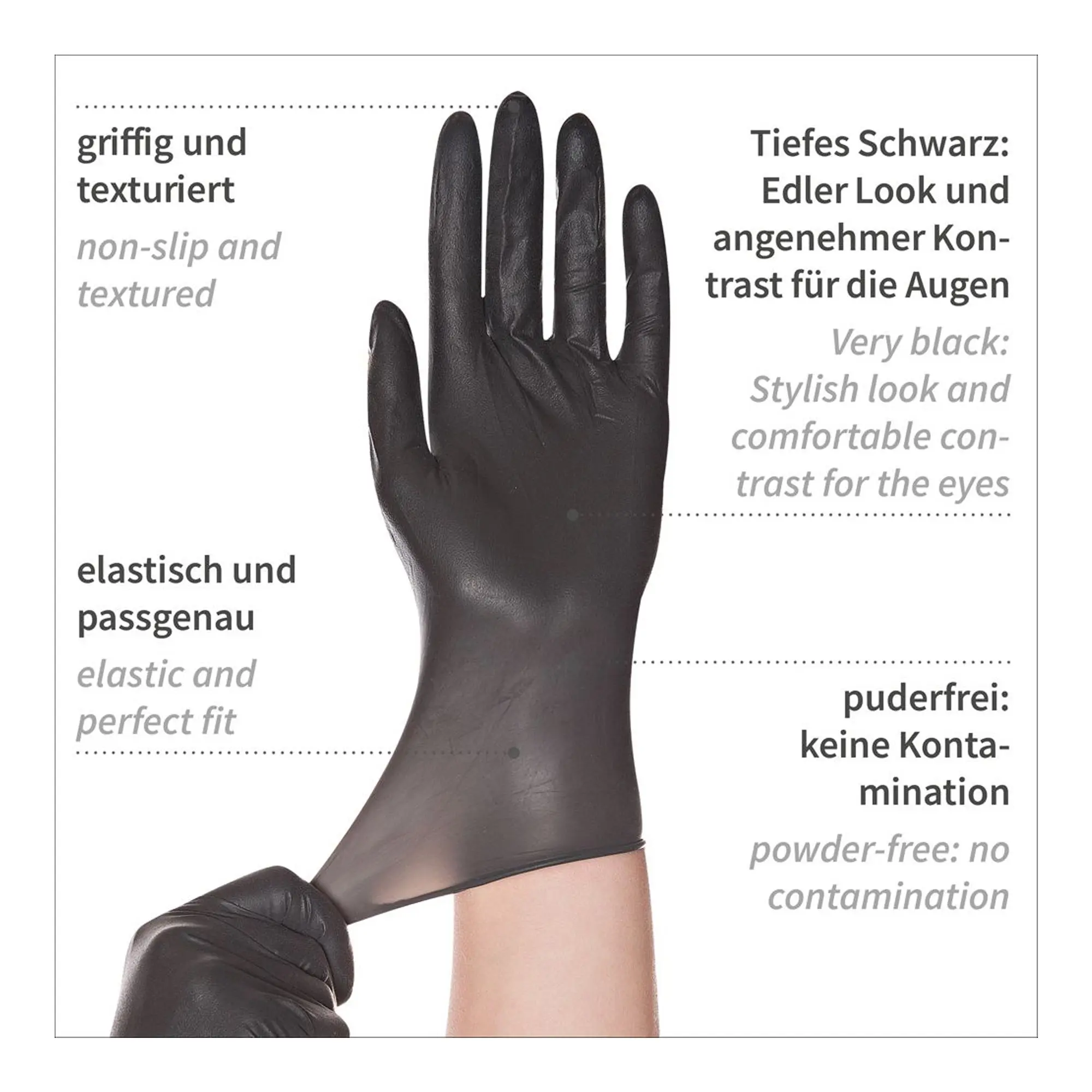 Hygostar Diablo Latexhandschuhe schwarz puderfrei, elastisch, texturiert und hautfreundlich für Kosmetik, Tattoo und Gastronomie, VE 1000 Stück
