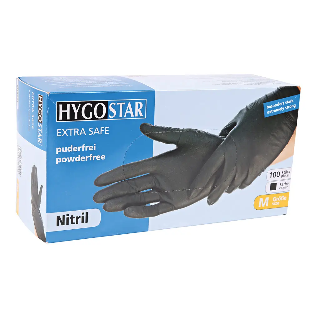 Hygostar Extra Safe Nitrilhandschuhe schwarz puderfrei, VE 1000 Stück, stabile Nitril-Einweghandschuhe für Medizin, Labor und Lebensmittelbereich