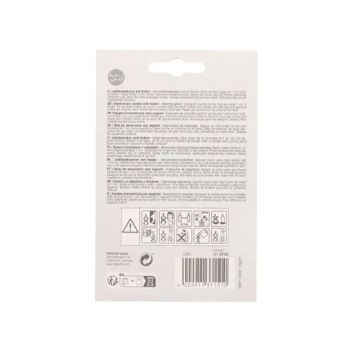 PAPSTAR Jubiläumskerzen mit Halter 7 cm silber "70" – rückseitige Verpackungsansicht mit Sicherheitshinweisen und Barcode, Art.-Nr. 179151