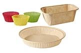 Backformen Set aus Papier mit ovaler Form, Kastenform und bunten Muffin-Backförmchen in Rot, Gelb und Grün, Artikelnummer 512