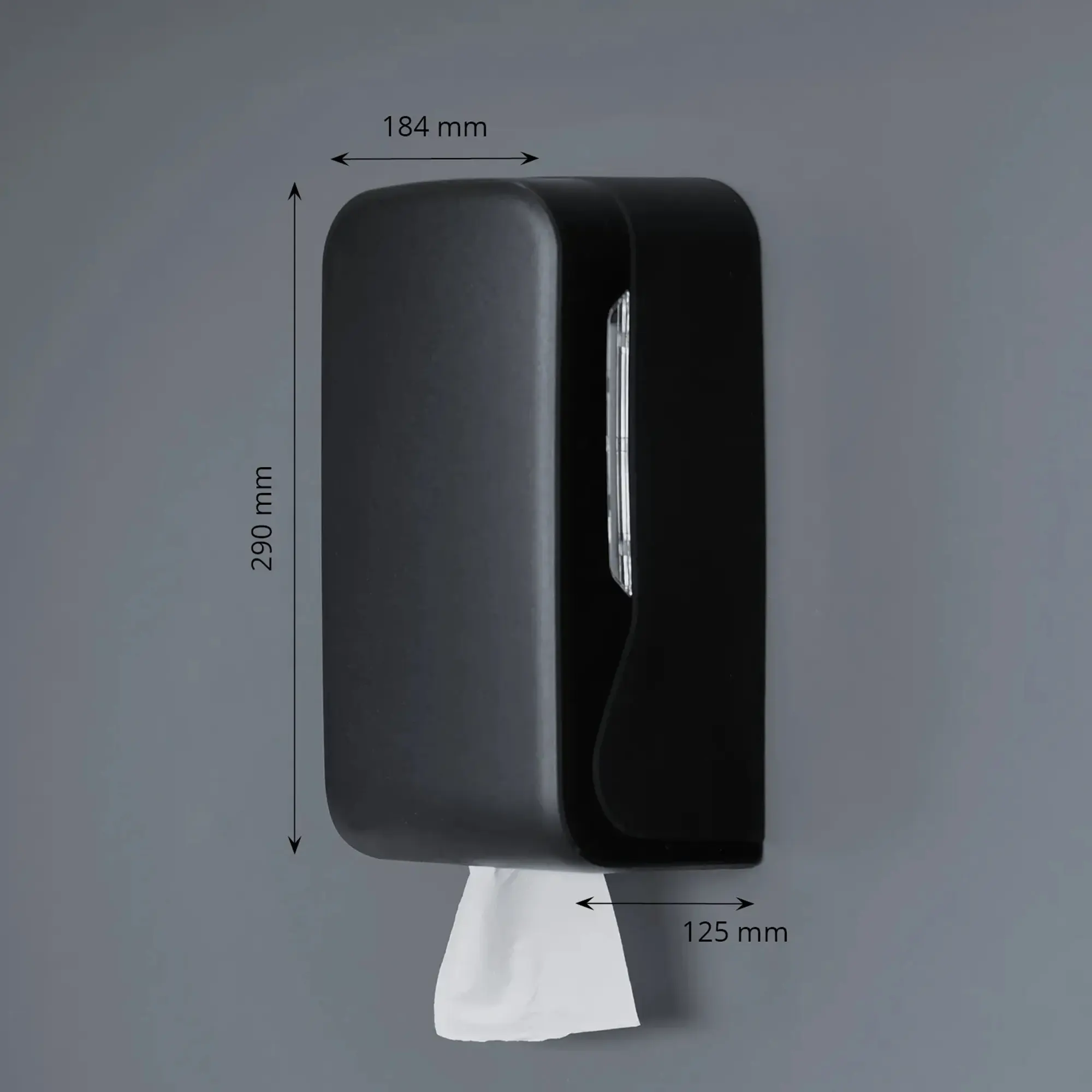 Schwarzer Wandseifenspender mit schlankem Gehäuse zur Wandmontage, Vorderansicht eines modernen Seifenspenders mit glatter Oberfläche