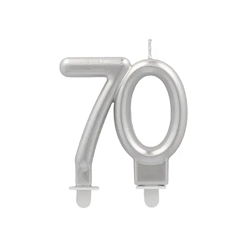 PAPSTAR Jubiläumskerzen mit Halter 7 cm silber "70", 7 cm hohe Paraffin-Zahlenkerze mit stabilem Halter für 70. Geburtstag oder Jubiläum