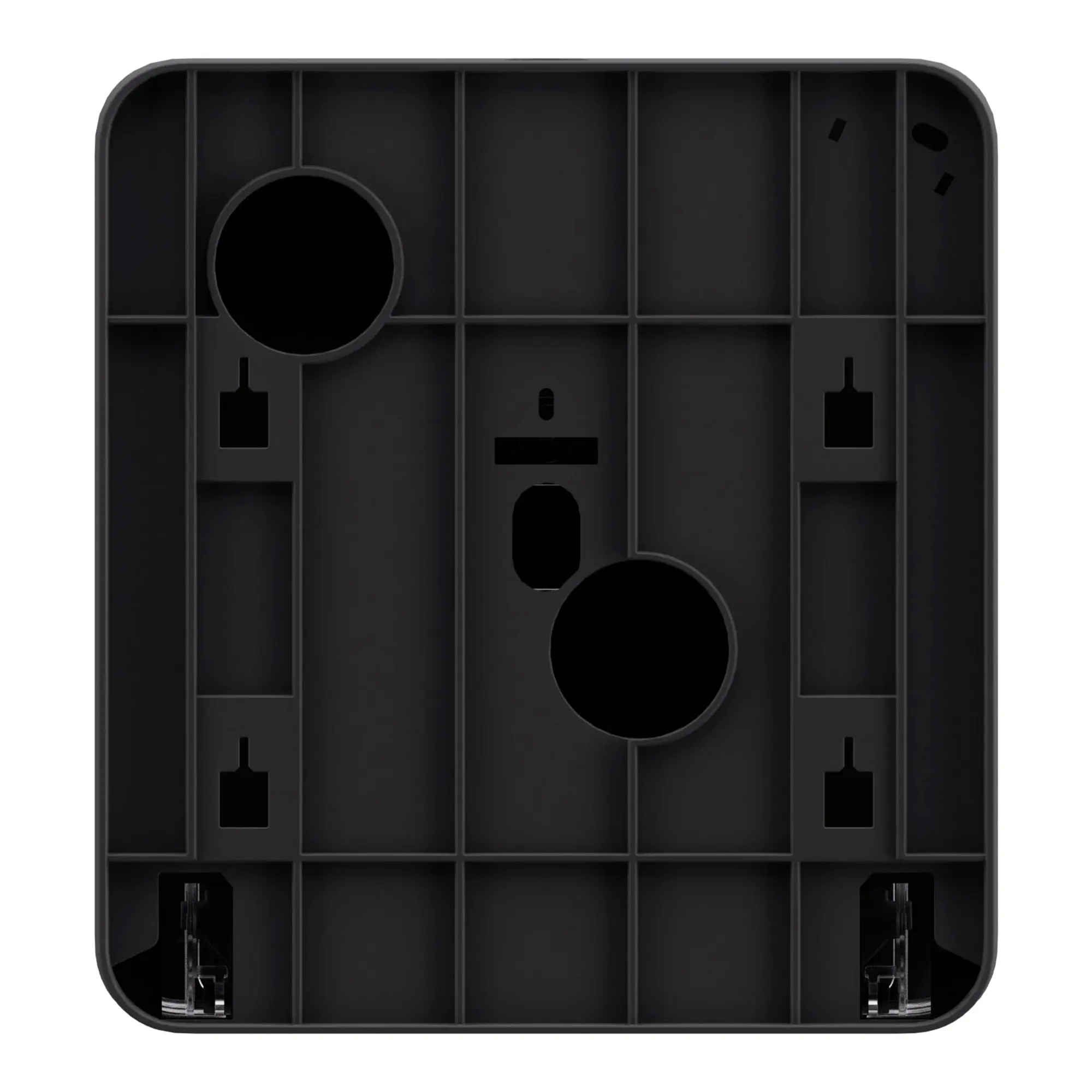 Satino by Wepa HYGINITY Toilettenpapierspender Mini Jumbo S JT1 in Schwarz, Rückseite mit Halterungen und Bohrlöchern für die Wandmontage, Artikelnummer JT1