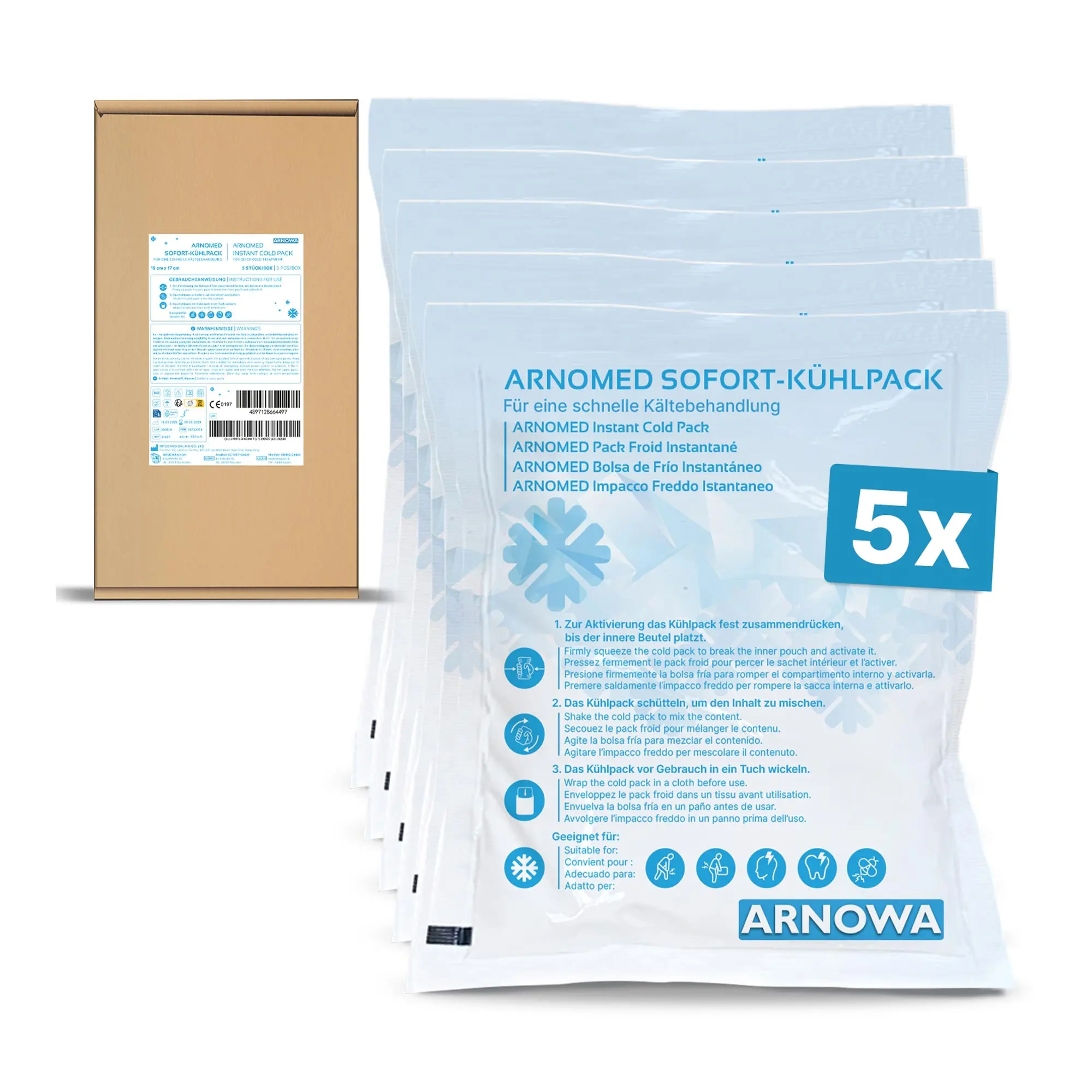 ARNOMED Sofort-Kühlpack zur Kältebehandlung, Einweg, 5 Stück