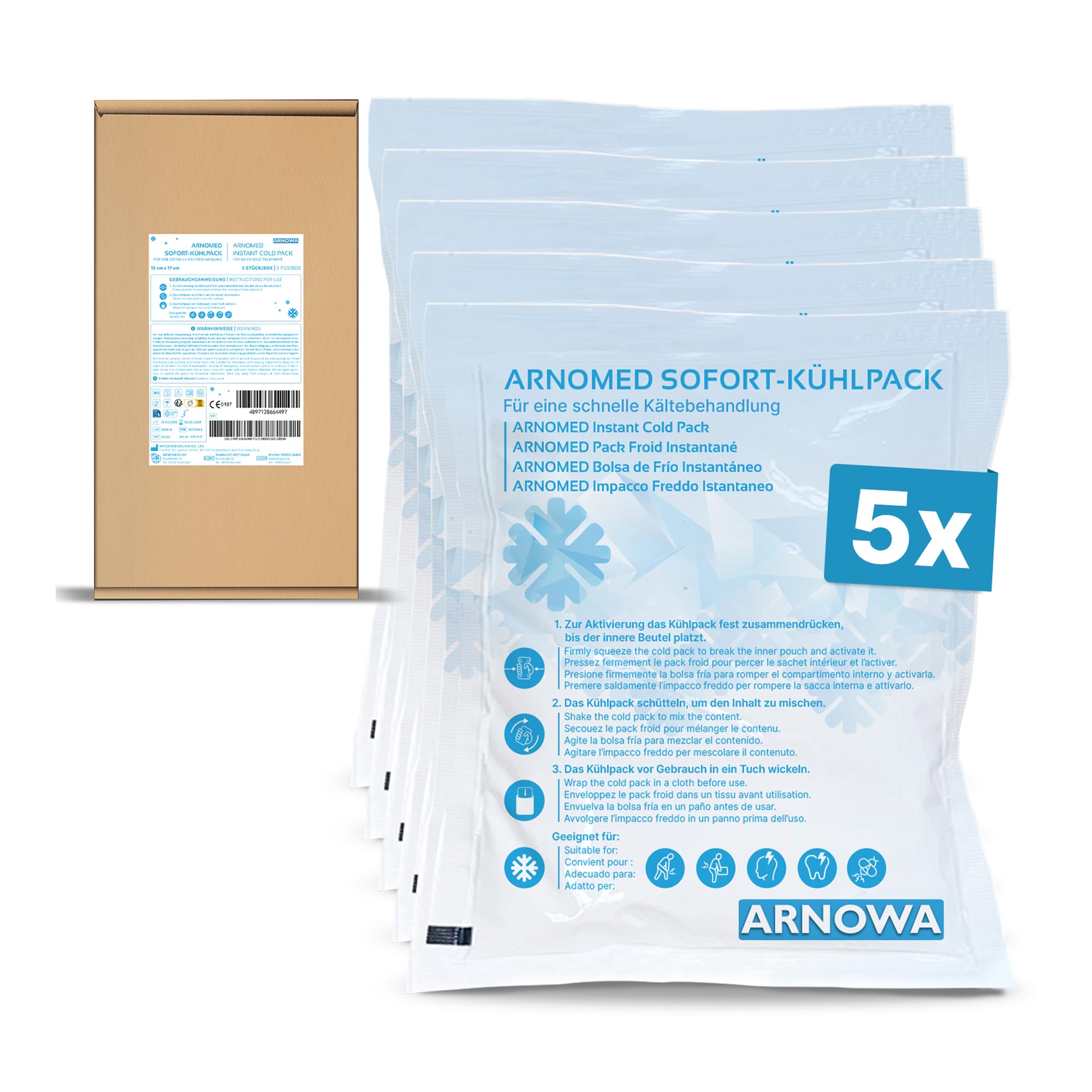 ARNOMED Sofort-Kühlpack zur Kältebehandlung, Einweg, 5 Stück
