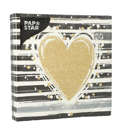PAPSTAR Servietten, 3-lagig 1/4-Falz 33 x 33 cm Sparkling Heart mit goldenem Herz auf schwarz-weiß gestreiftem Hintergrund, FSC-zertifizierte Partyservietten