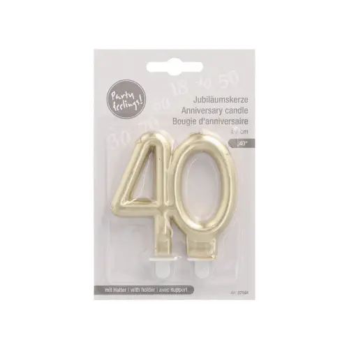 PAPSTAR Jubiläumskerzen mit Halter 7 cm gold "40" – goldene Jubiläumszahlenkerze aus Paraffin mit Halter für Torten und Kuchen zum 40. Geburtstag, Art.-Nr. 37144