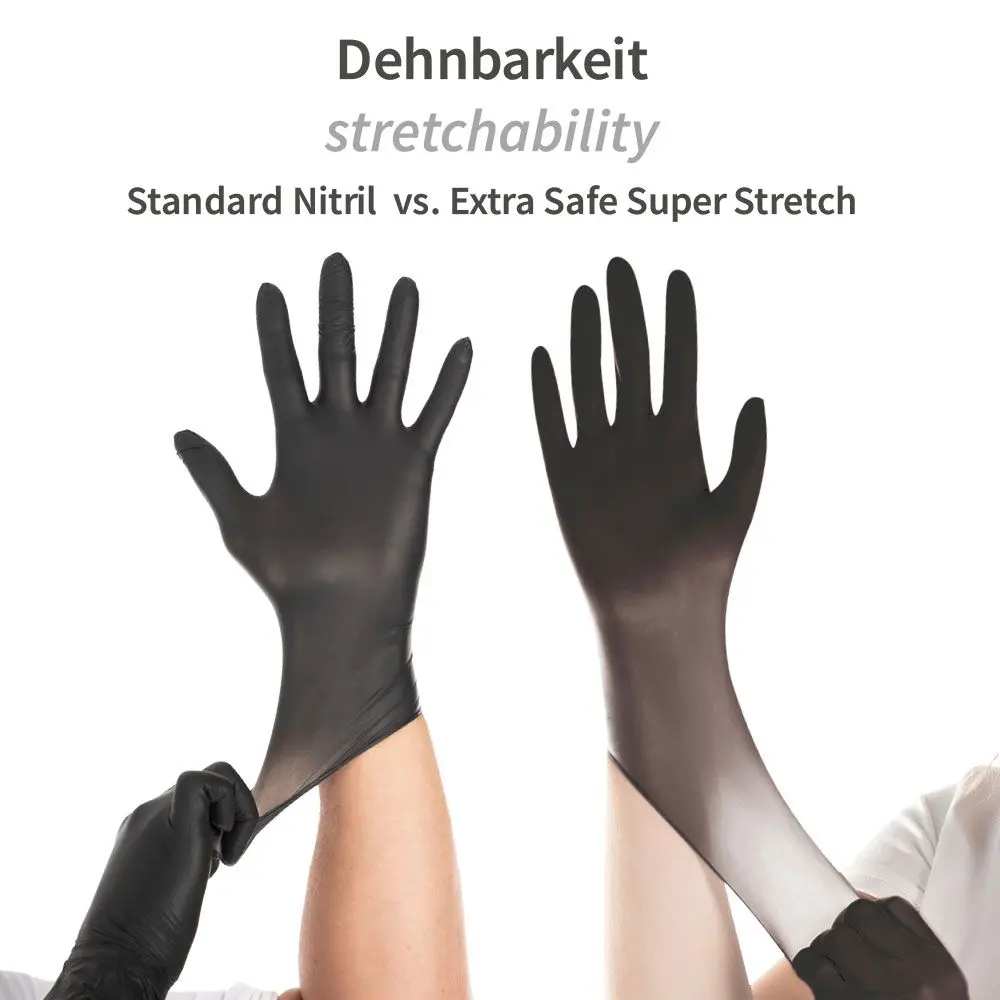 Hygostar Extra Safe Super Stretch Nitrilhandschuhe schwarz puderfrei, extrem dehnbarer Nitrilhandschuh im Vergleich zu Standard-Nitril, VE 1000 Stück