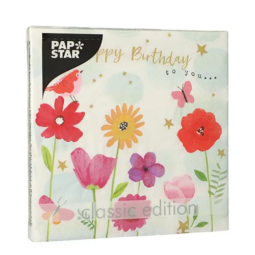 PAPSTAR Servietten, 3-lagig 1/4-Falz 33 x 33 cm Birthday Flowers mit bunten Blumen und Happy-Birthday-Aufdruck, FSC-zertifizierte Tissue-Servietten für Geburtstagspartys