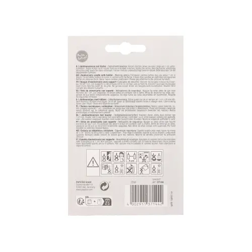 PAPSTAR Jubiläumskerzen mit Halter 7 cm gold "40" – Rückseite der Verpackung mit mehrsprachigen Sicherheitshinweisen, Piktogrammen und Barcode, Art.-Nr. 37144