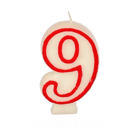 PAPSTAR Zahlenkerze 7,3 cm weiß "9" mit rotem Rand