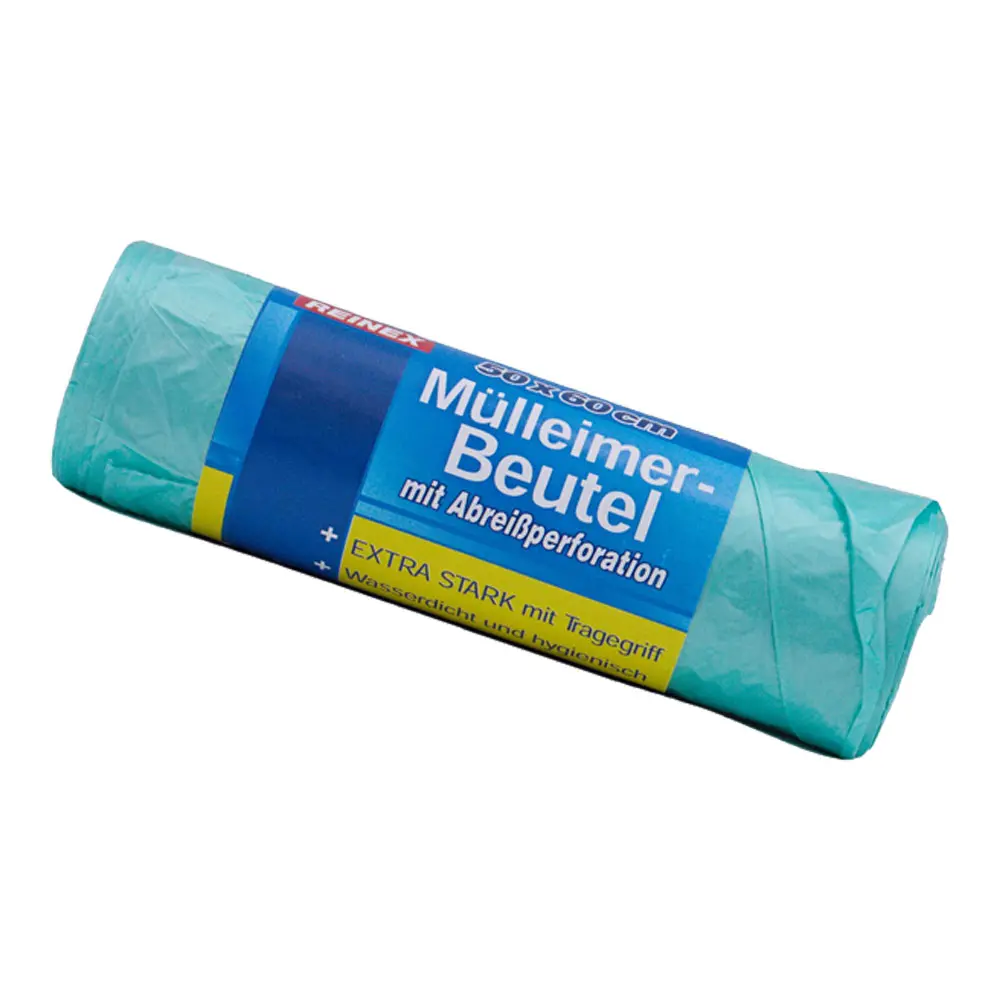 Reinex Müllbeutel extra stark mit Tragegriff 30 Liter, grün, 8 my – Rolle wasserdichter, durchstoßfester 30L LDPE-Müllbeutel für Haushalt, Büro und Gewerbe