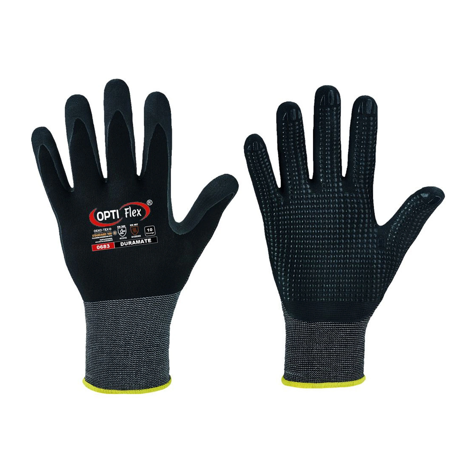 Optiflex Duramate 0683 Feinstrickhandschuhe mit Nitrilschaum und PU-Beschichtung in Schwarz, rutschfeste Noppen für präzise Montage- und Wartungsarbeiten, VE 144 Paar, Art.-Nr. 0683