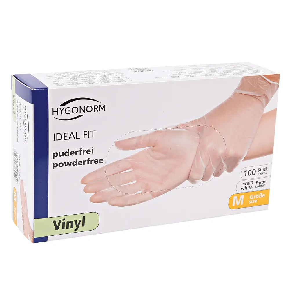 Hygonorm Ideal Fit Vinylhandschuhe transparent puderfrei, latexfreie Einmalhandschuhe aus Vinyl für Medizin, Labor und Lebensmittelhygiene, VE 1000 Stück