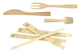 Holz Besteck Set Einweg, bestehend aus Messer, Gabel, Löffel und Holzstäbchen, plastikfreie nachhaltige Alternative für Take-away und Party, Art.-Nr. HB-SET-01