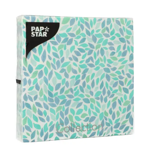 PAPSTAR Servietten, 3-lagig 1/4-Falz 33 x 33 cm "Camaieu" mit blau-türkisem Blättermuster, FSC-zertifizierte Tissue-Servietten, Art.-Nr. 89395