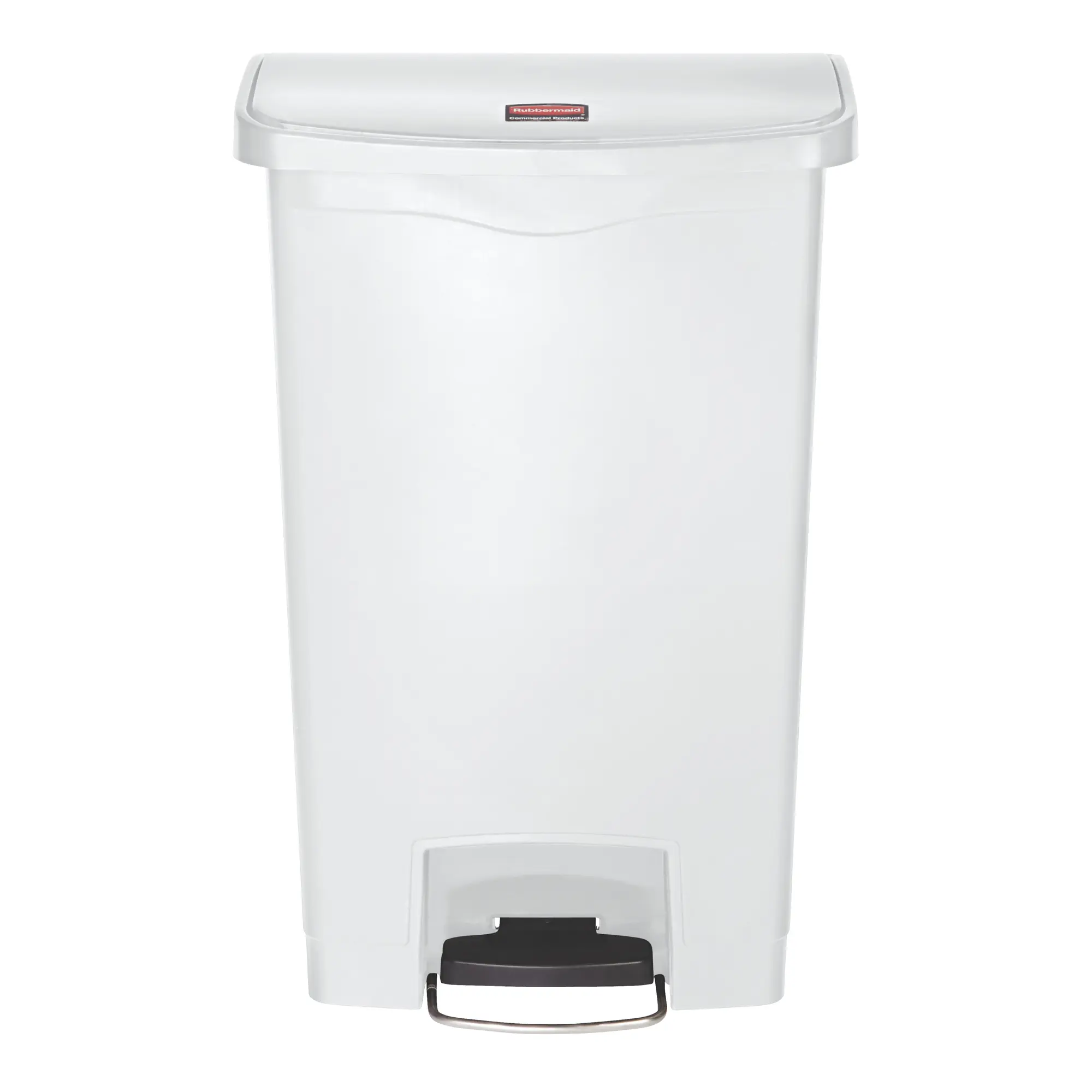 Rubbermaid Slim Jim Step on Abfallbehälter 50 Liter Front Step, schmaler weißer Tret-Abfalleimer mit stabilem Fußpedal und leise schließendem Deckel