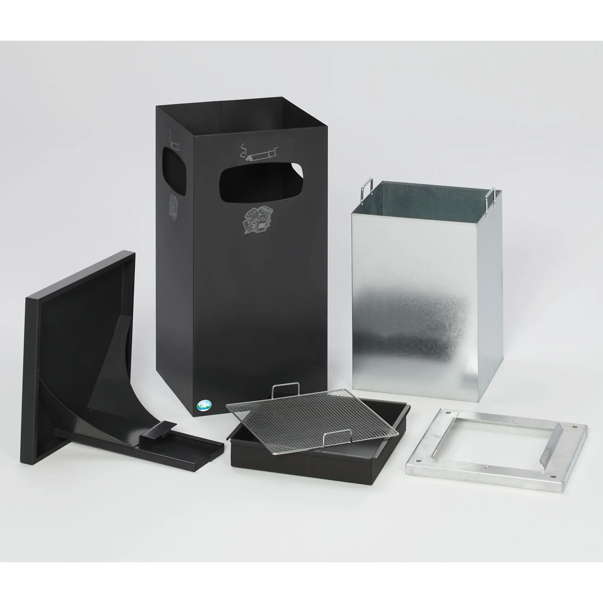 VAR B 32 Abfallbehälter 38 Liter mit Ascher und verstärktem Schutzdach von VAR, zerlegt mit Inneneinsatz, Ascher, Löschsandebene und Bodenrahmen für den Außenbereich, Art.-Nr. VAR B 32