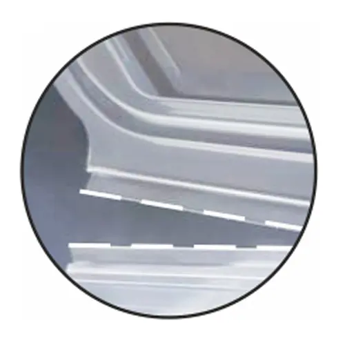 Starpak Verpackungsbecher mit Klappdeckeln, PP 8-eckig 375 ml 4,2 x 11 x 11 cm transparent, Detailansicht des Deckels mit Abreiß-Perforation, PAPSTAR