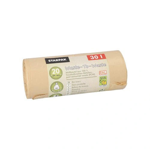 Starpak Müllbeutel aus 100% PCW Waste-To-Waste 30 l 64,5 x 54 cm beige, stabile LDPE-Abfallbeutel 20 my auf Rolle, umweltfreundlich aus Post-Consumer-Waste, PAPSTAR