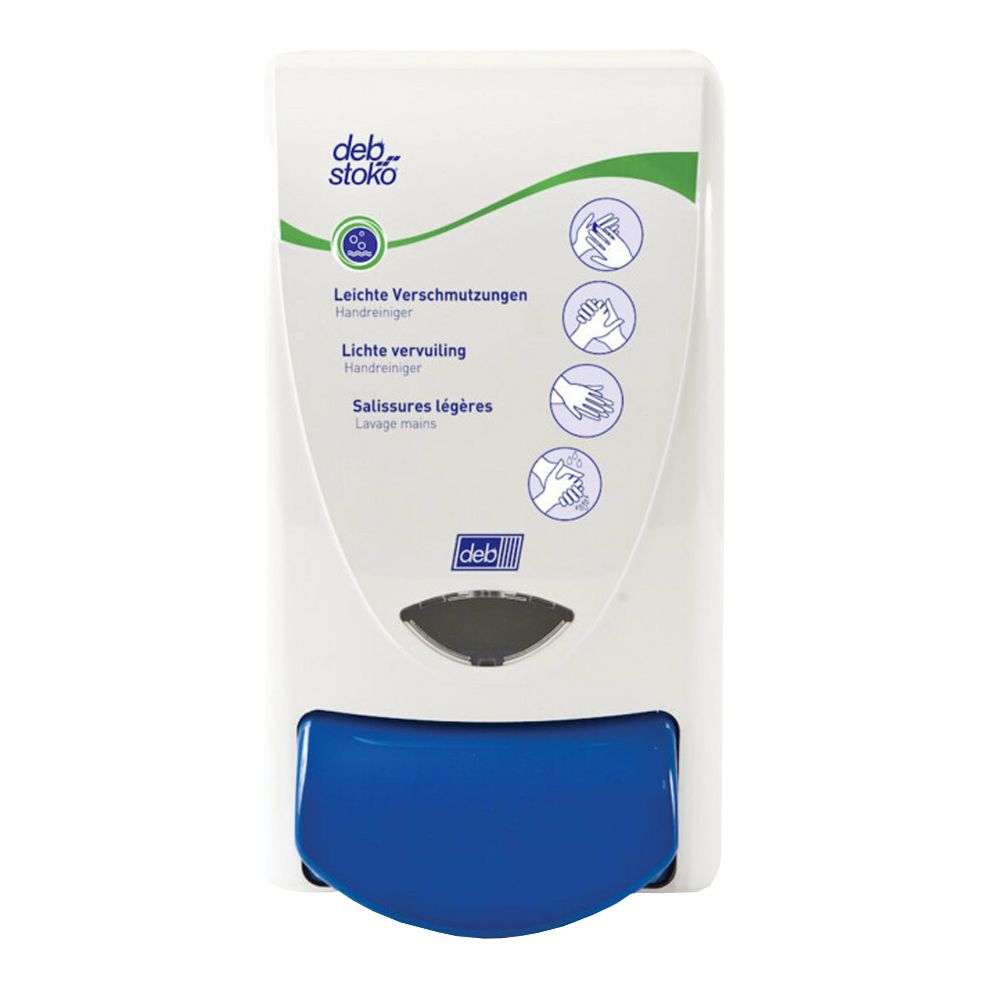 Deb Stoko Spender leichte Reinigung 1 Liter von SC Johnson, weißer Wandspender mit blauem Druckhebel für sanfte Handreinigung und hygienische Nutzung, Art.-Nr. 11038