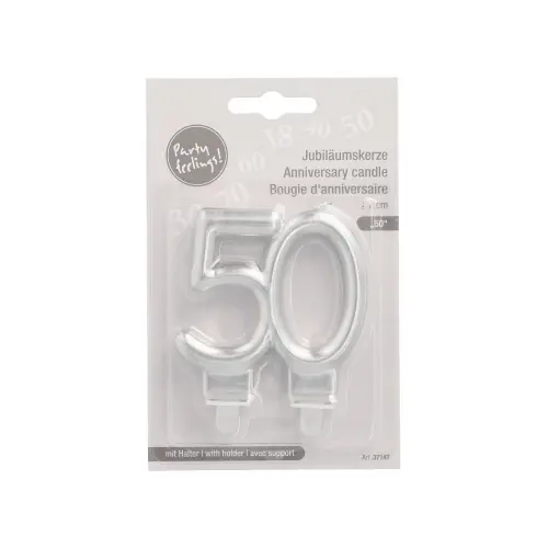 PAPSTAR Jubiläumskerzen mit Halter 7 cm silber "50" aus Paraffin, 7 cm hoch, für Torten und Kuchen zum 50. Geburtstag oder Jubiläum, raucharm, Art.-Nr. 37147