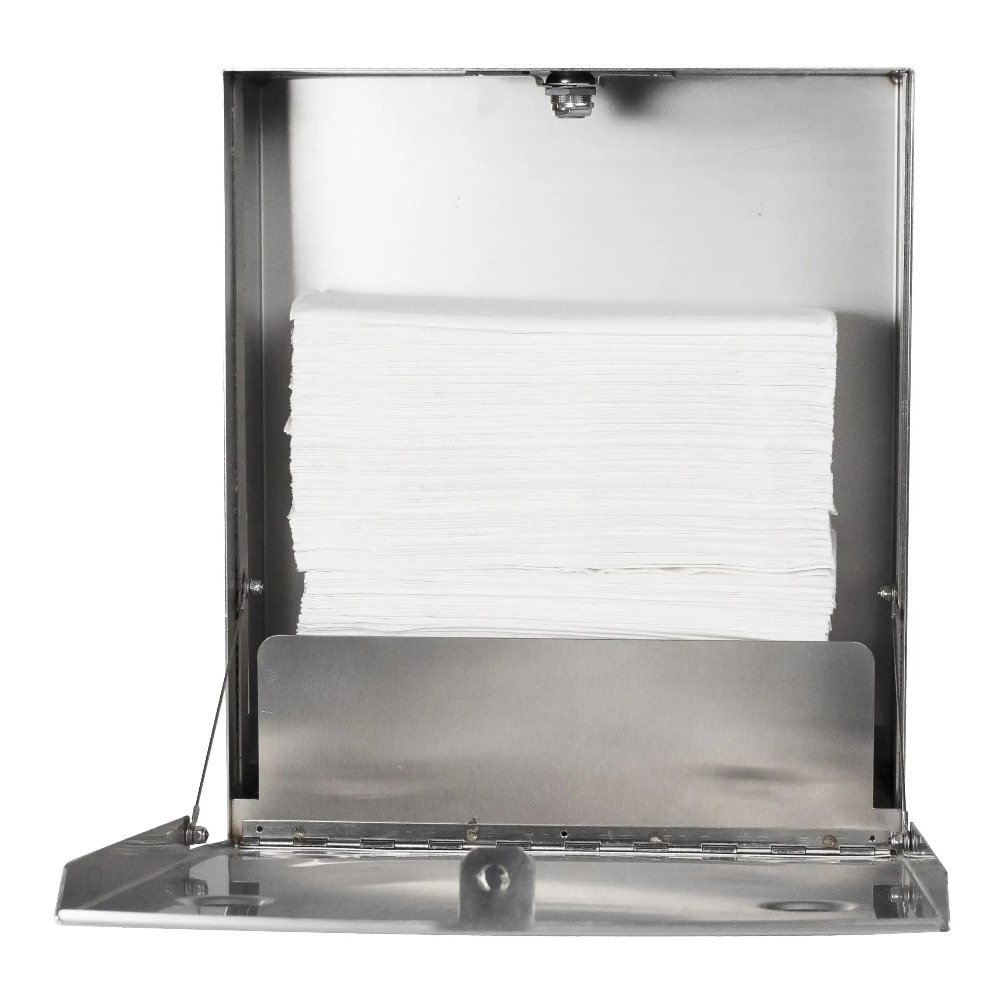 Bobrick B-9262 Fino Collection Papierhandtuchspender aus Edelstahl, geöffnet, mit befüllten Falthandtüchern für C-Falz und Multifold, Artikelnummer B-9262