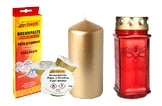 Grabkerzen Set mit rotem Grablicht, goldener Stumpenkerze und Brennpaste für lange Brenndauer, Artikelnummer 1889