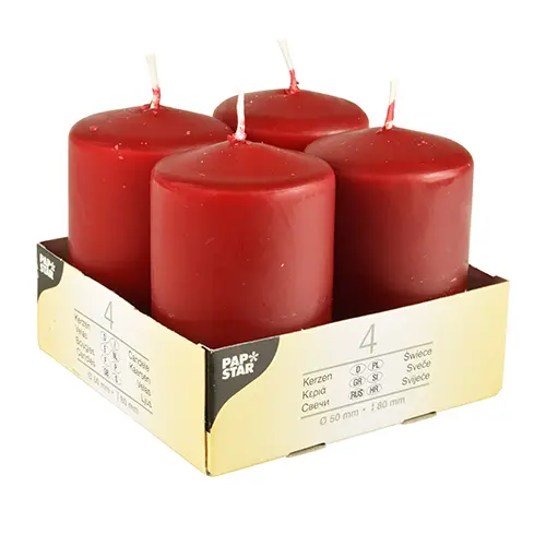 Starpak Stumpenkerzen Ø 50 mm, 80 mm bordeaux im 4er-Pack von PAPSTAR, Durchmesser 50 mm, Höhe 80 mm, Brenndauer ca. 16 Stunden, Art.-Nr. 10495