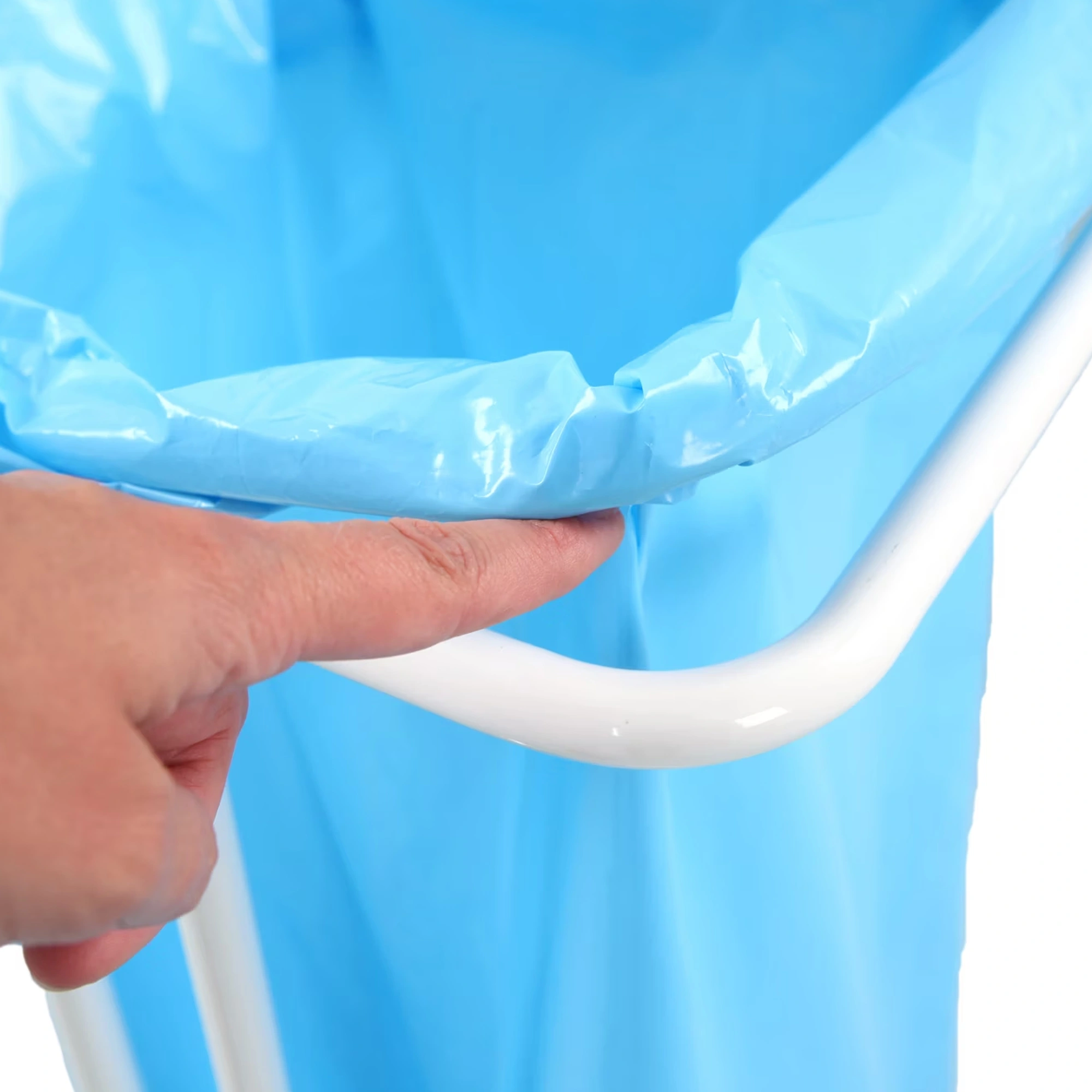 Vepa Bins Saekko Boy Abfallsackhalter 60 Liter offen, weißes Stahlgestell mit Anti-Finger-Print, blauer Müllbeutel wird mit der Hand sicher eingespannt