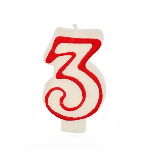 PAPSTAR Zahlenkerze 7,3 cm weiß "3" mit rotem Rand