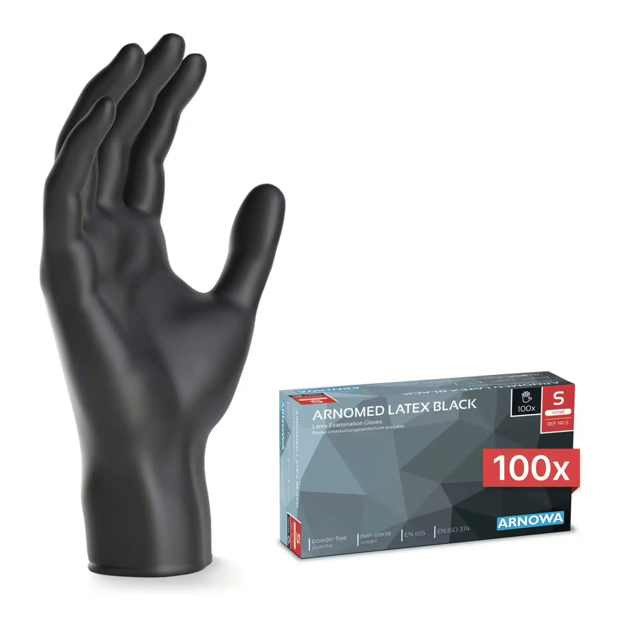 ARNOMED CLASSIC LATEX BLACK Latexhandschuhe schwarz puderfrei, 100 Stück von ARNOMED, schwarze fingertexturierte Einmal-Latexhandschuhe für präzise Arbeiten in Medizin, Labor, Pflege und Gastronomie, Bilddatei arnomed-classic-latex-black-latexhandschuhe-s