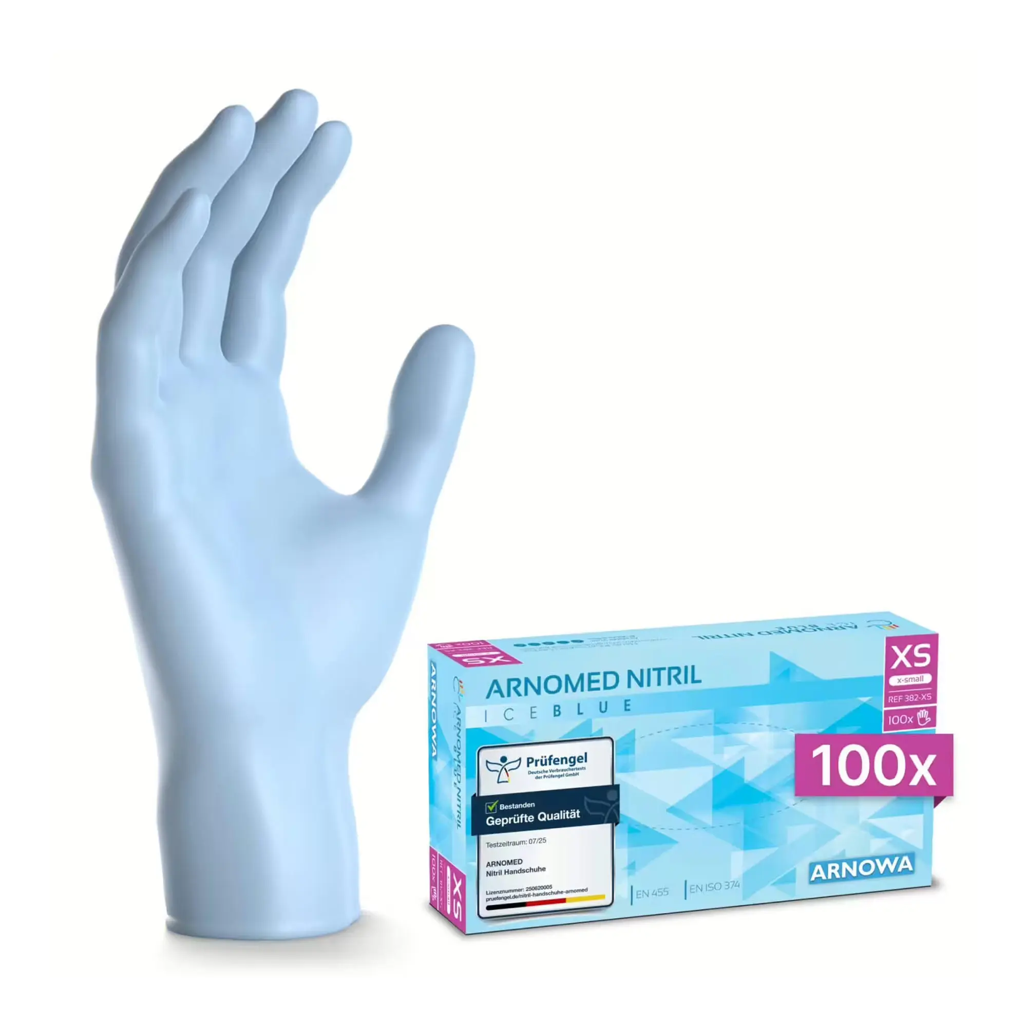 ARNOMED NITRIL ICE BLUE Einweghandschuhe XS, blaue puderfreie Nitril Handschuhe, 100 Stück Box mit hochgezogener Hand zur Passform-Darstellung, REF 3930-XS