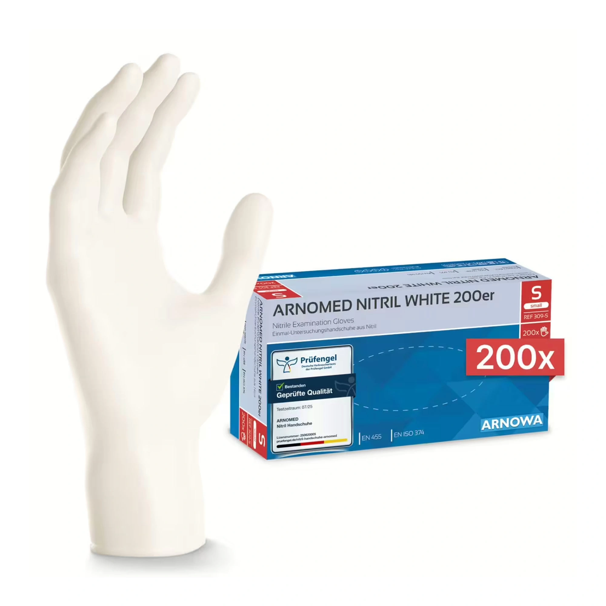 ARNOMED CLASSIC NITRIL WHITE 200er Nitrilhandschuhe weiß puderfrei, latexfreie Einmal-Untersuchungshandschuhe aus Nitril für Medizin, Pflege und Labor, VE 200 Stück