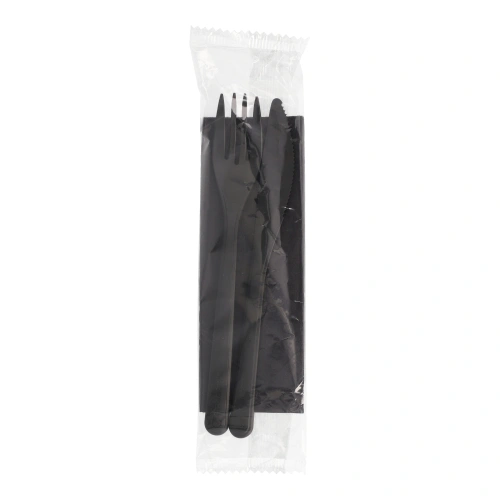 Starpak Mehrweg-Bestecksets PP-MF 22 cm schwarz : Messer, Gabel, Serviette in Folienbeutel, 10 x 50 Stück