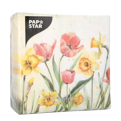 PAPSTAR Servietten, 3-lagig 1/4-Falz 33 x 33 cm Tulips & Daffodils mit buntem Tulpen- und Narzissenmotiv, FSC- und Nordic-Ecolabel-zertifiziert, umweltfreundliche Tissue-Servietten für Frühlingsdeko