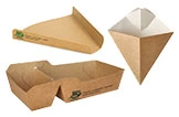 Snackboxen aus braunem Kraftkarton, verschiedene Formen für Pommes und Snacks, nachhaltige Einwegverpackungen