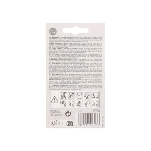 PAPSTAR Zahlenkerze mit Halter 7 cm gold "9", Rückseite der Verpackung mit mehrsprachiger Anleitung, Sicherheitssymbolen und Barcode, Art.-Nr. 37170